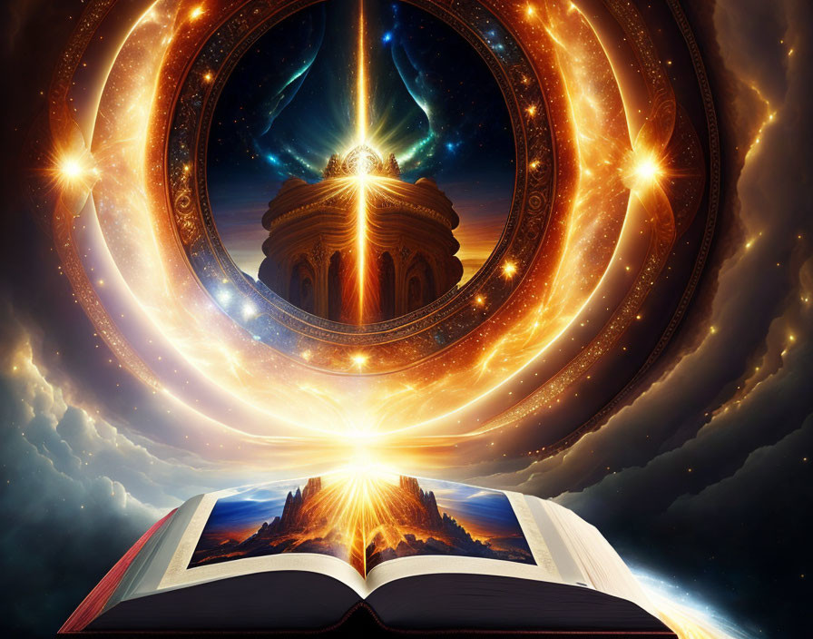 Open book revealing cosmic scene with celestial portal, temple, and stars