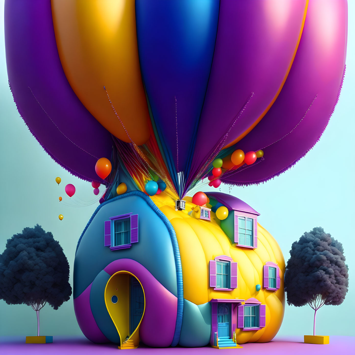 Colorful whimsical house lifted by giant balloons in gradient sky