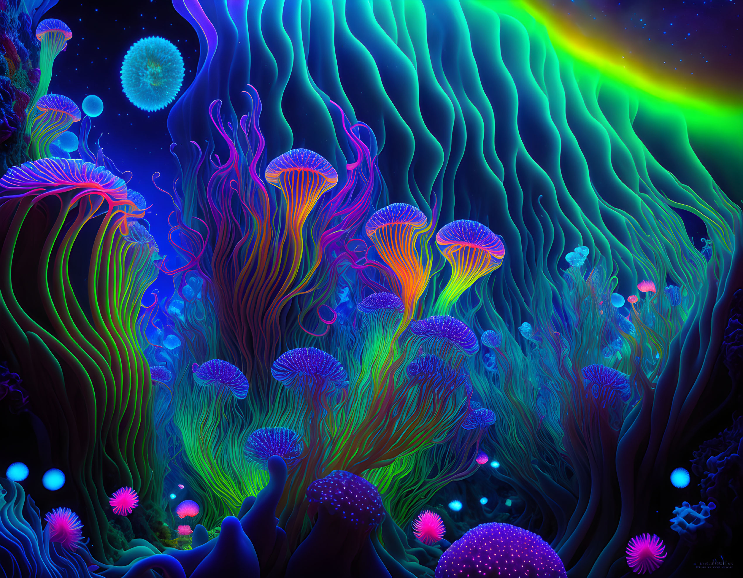 Colorful Jellyfish and Corals in Mystical Underwater Scene