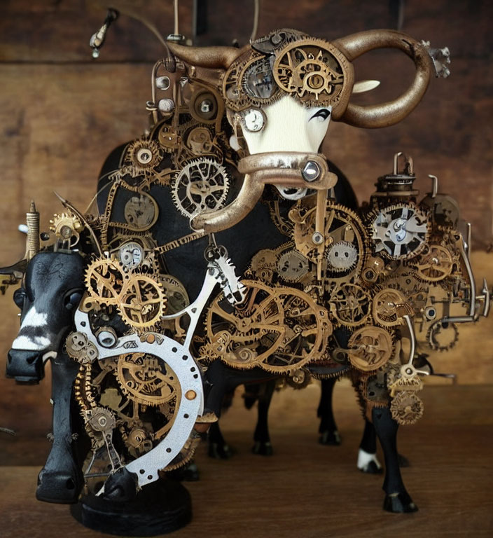 Sculptural bull adorned with bronze gears and mechanical parts