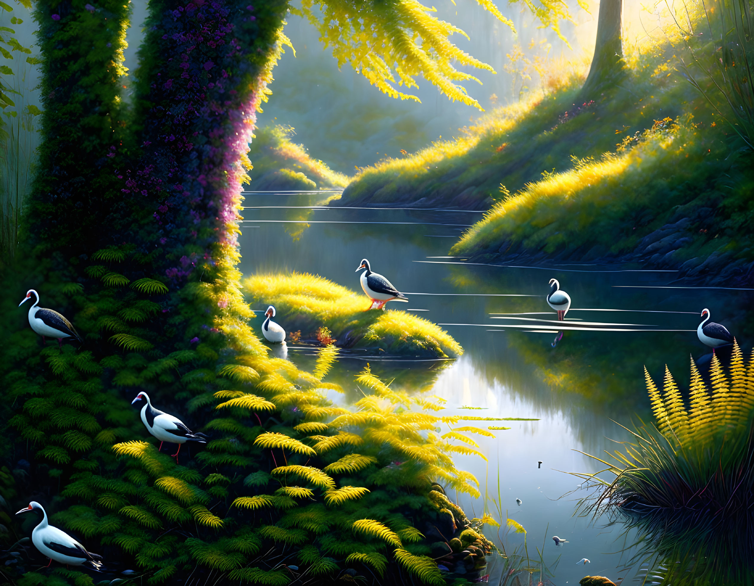 Tranquil landscape with ducks, lush greenery, and soft sunlight