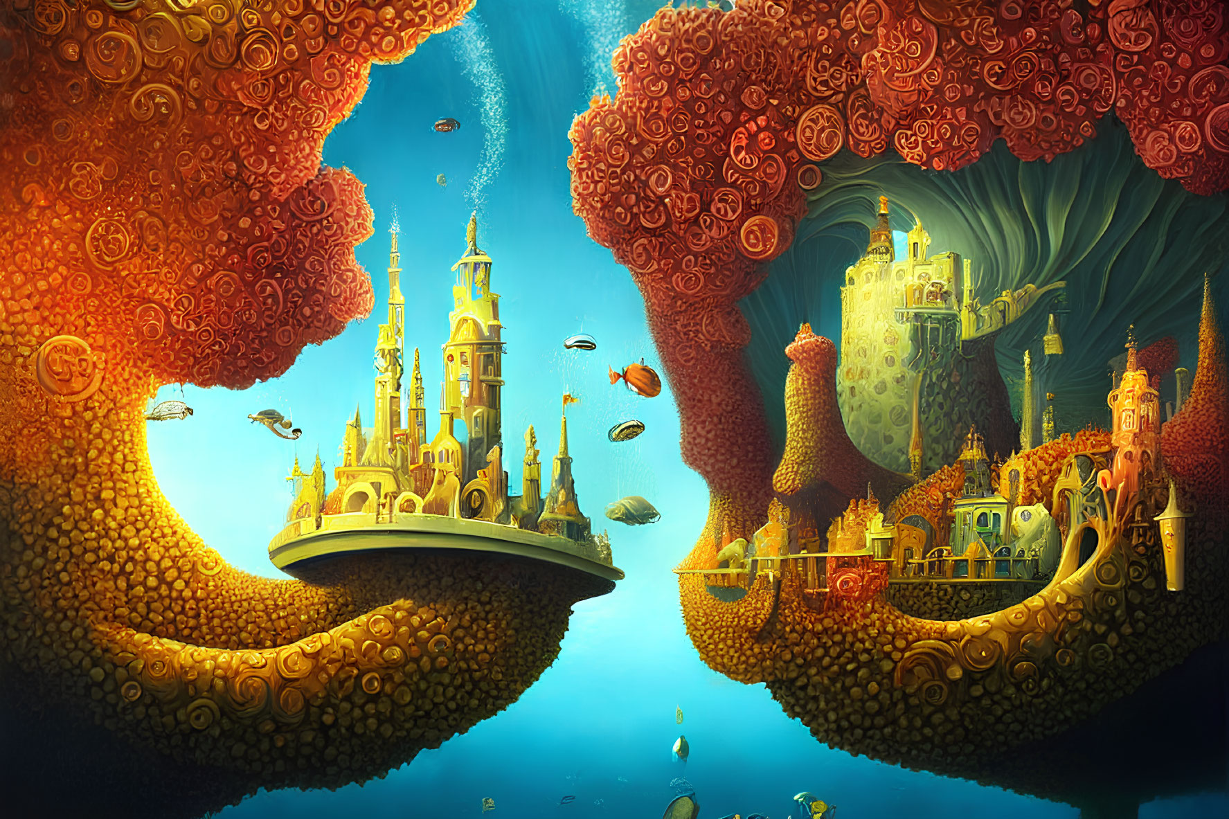 Vibrant coral formations surround two fanciful castles in underwater fantasy scene