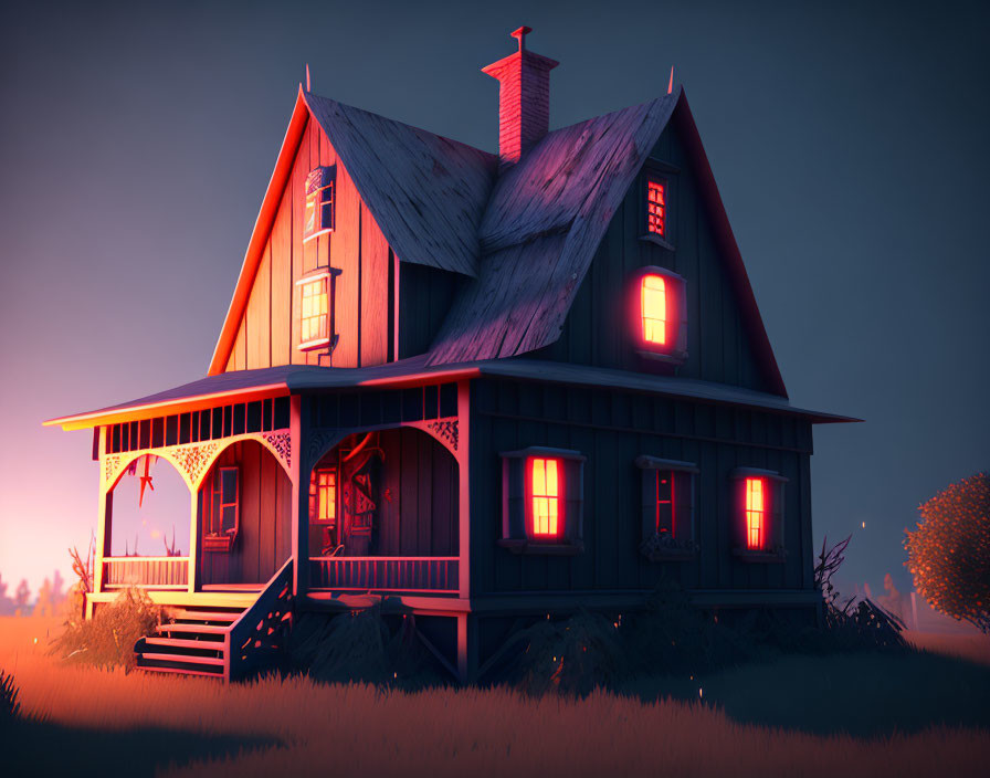 Victorian house illustration with red windows at dusk