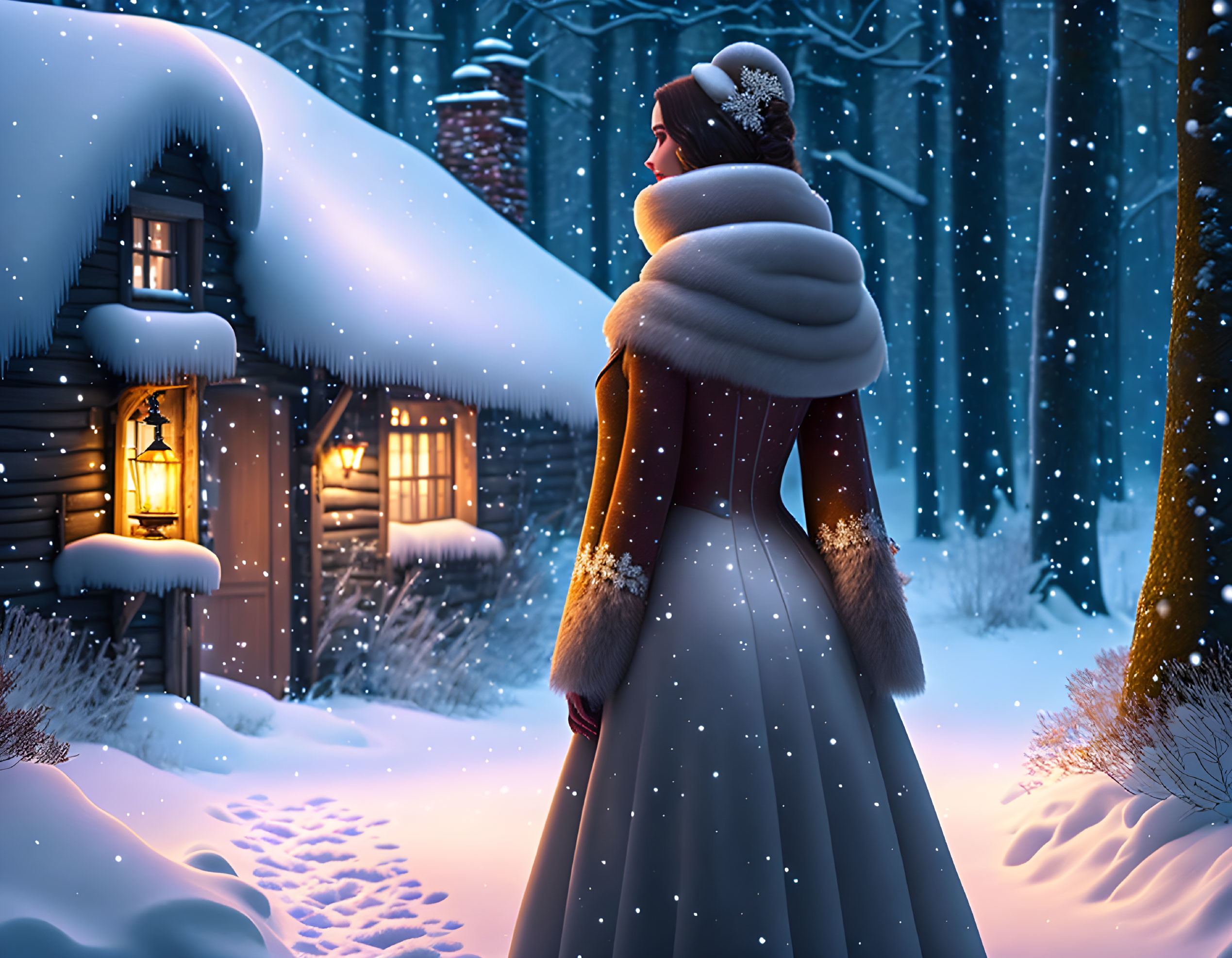 Woman in winter coat outside cozy cabin in snowy woods