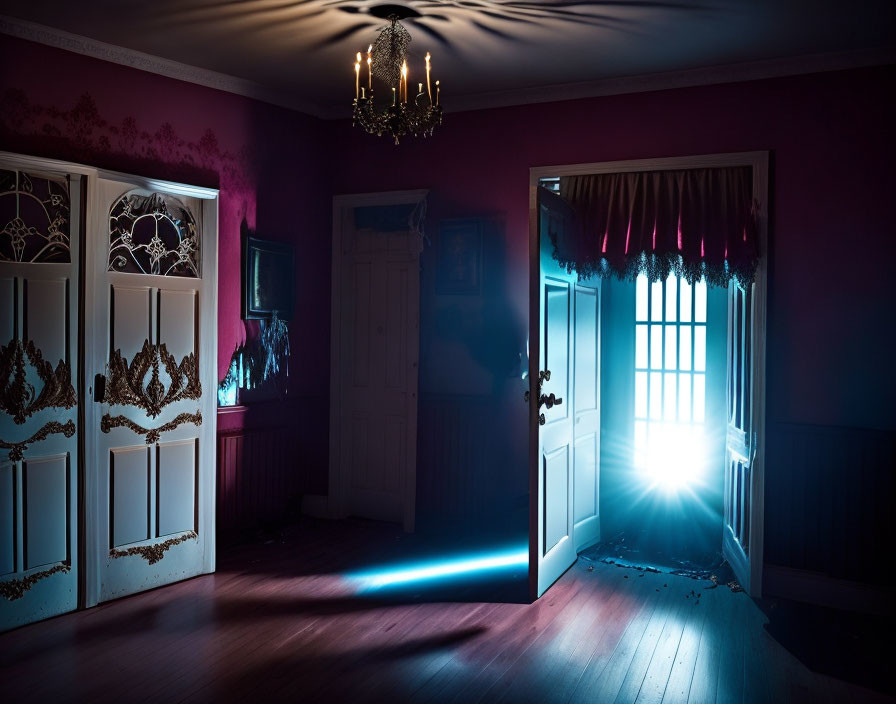 Ornate furniture in mysterious room with bright light