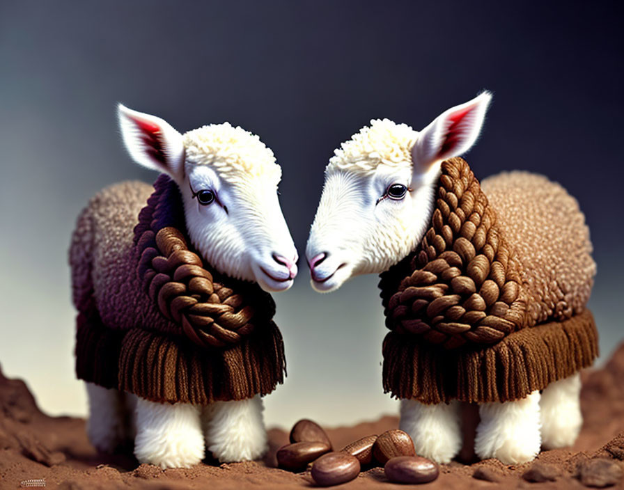 Stylized sheep with braided wool and scarves on dirt with coffee beans.