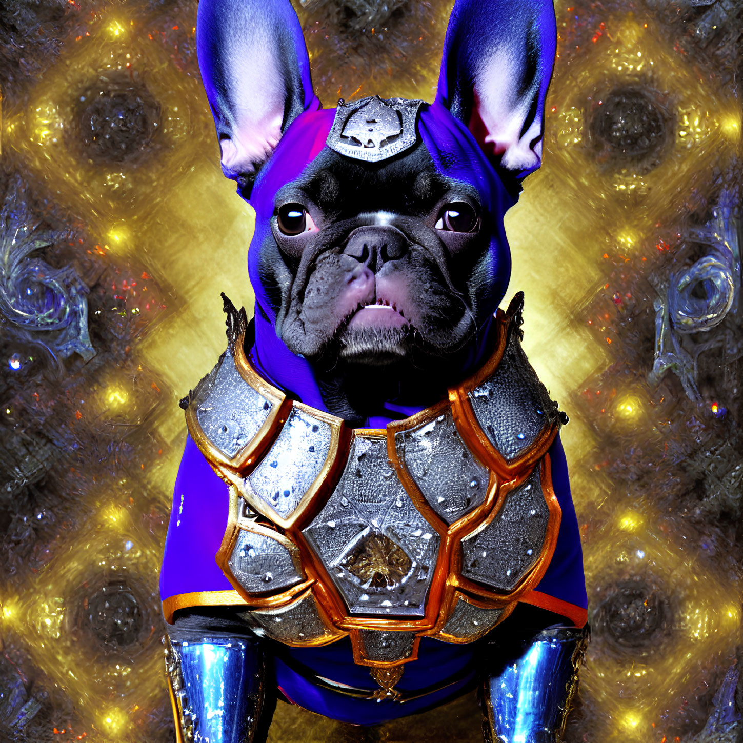 Black French Bulldog in Shiny Silver Armor on Golden Background