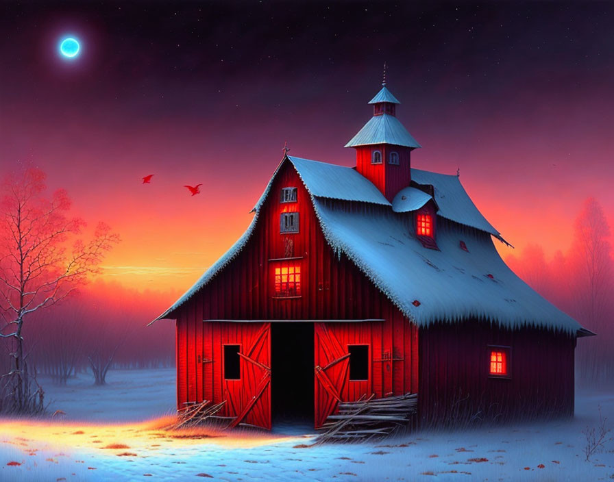 Red barn at dusk with crescent moon and snowy landscape