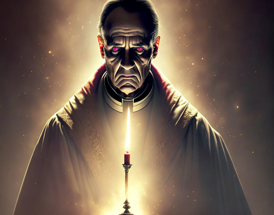 Menacing priest-like figure with glowing red eyes holding candle in dark, starry scene