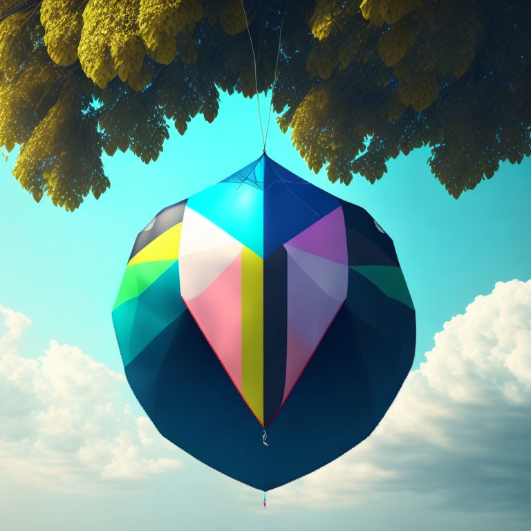 Colorful geometric hot air balloon inverted under tree canopy in blue sky