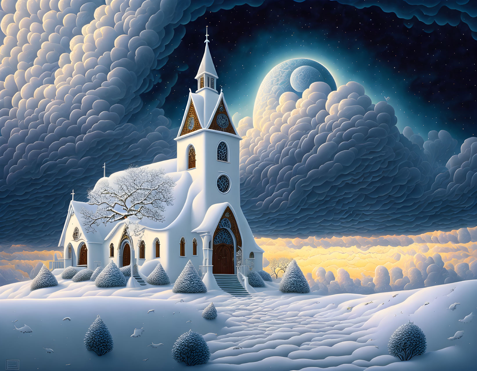 Snow-covered church under full moon in serene winter landscape