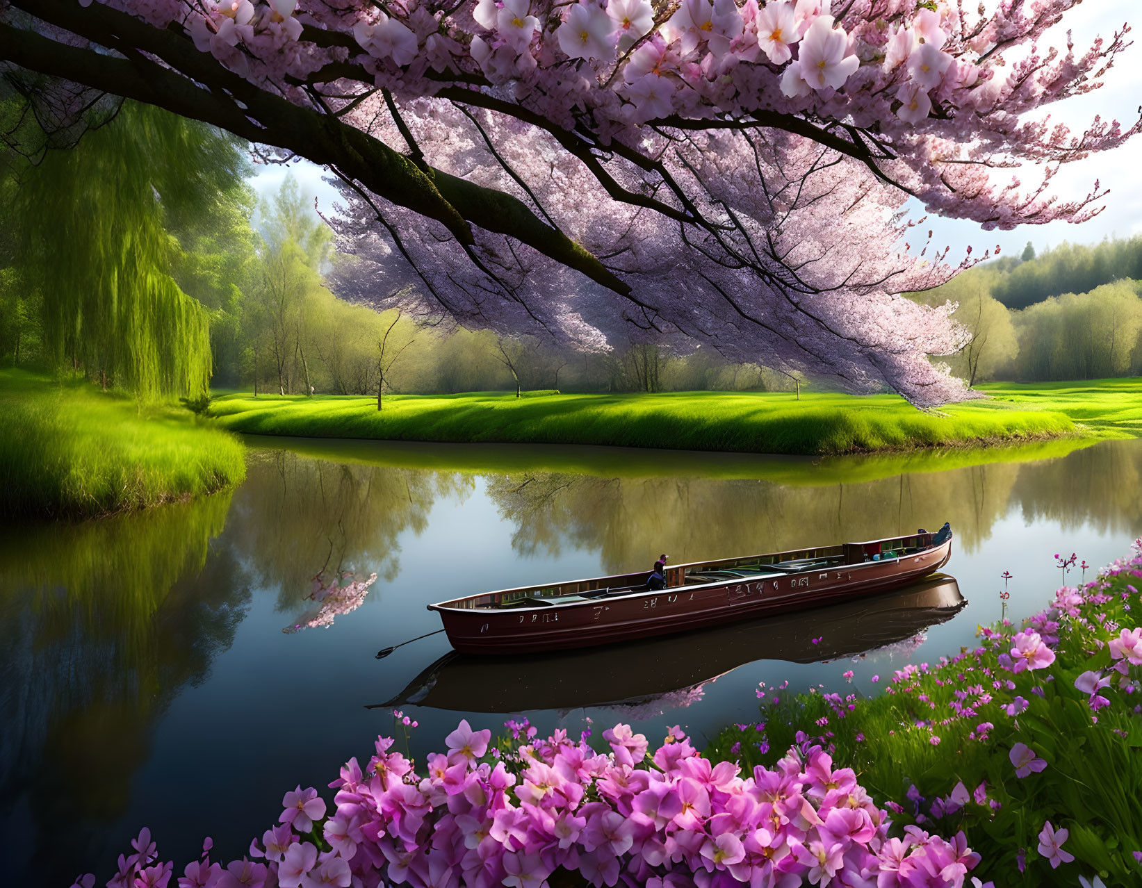 Tranquil lake scene with cherry blossoms, boat, and sunny trees