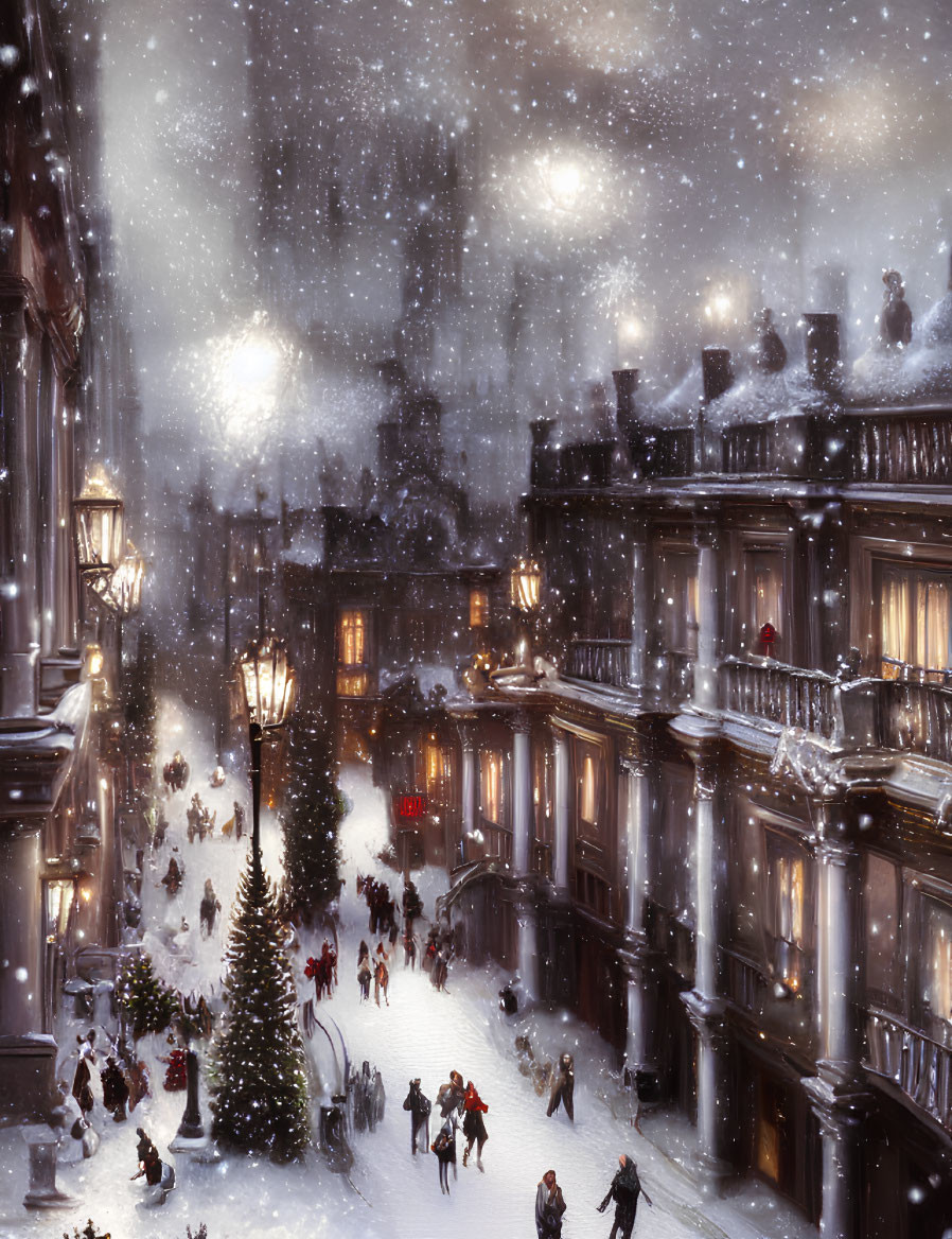 Victorian street scene with snow, festive lights, and Christmas tree