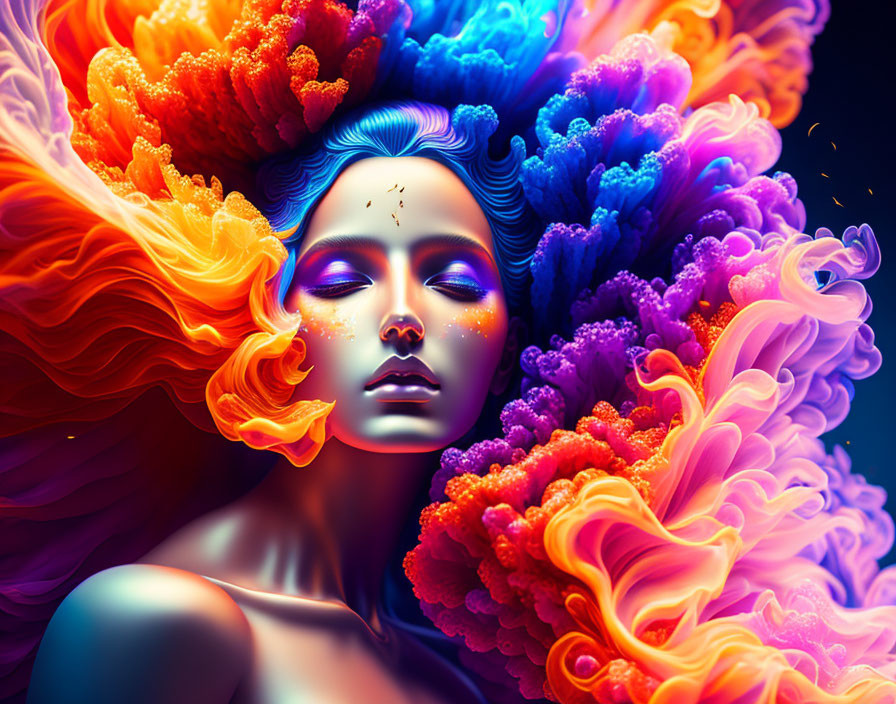 Vibrant digital artwork of a woman with billowing hair and coral-like structures in blue, orange