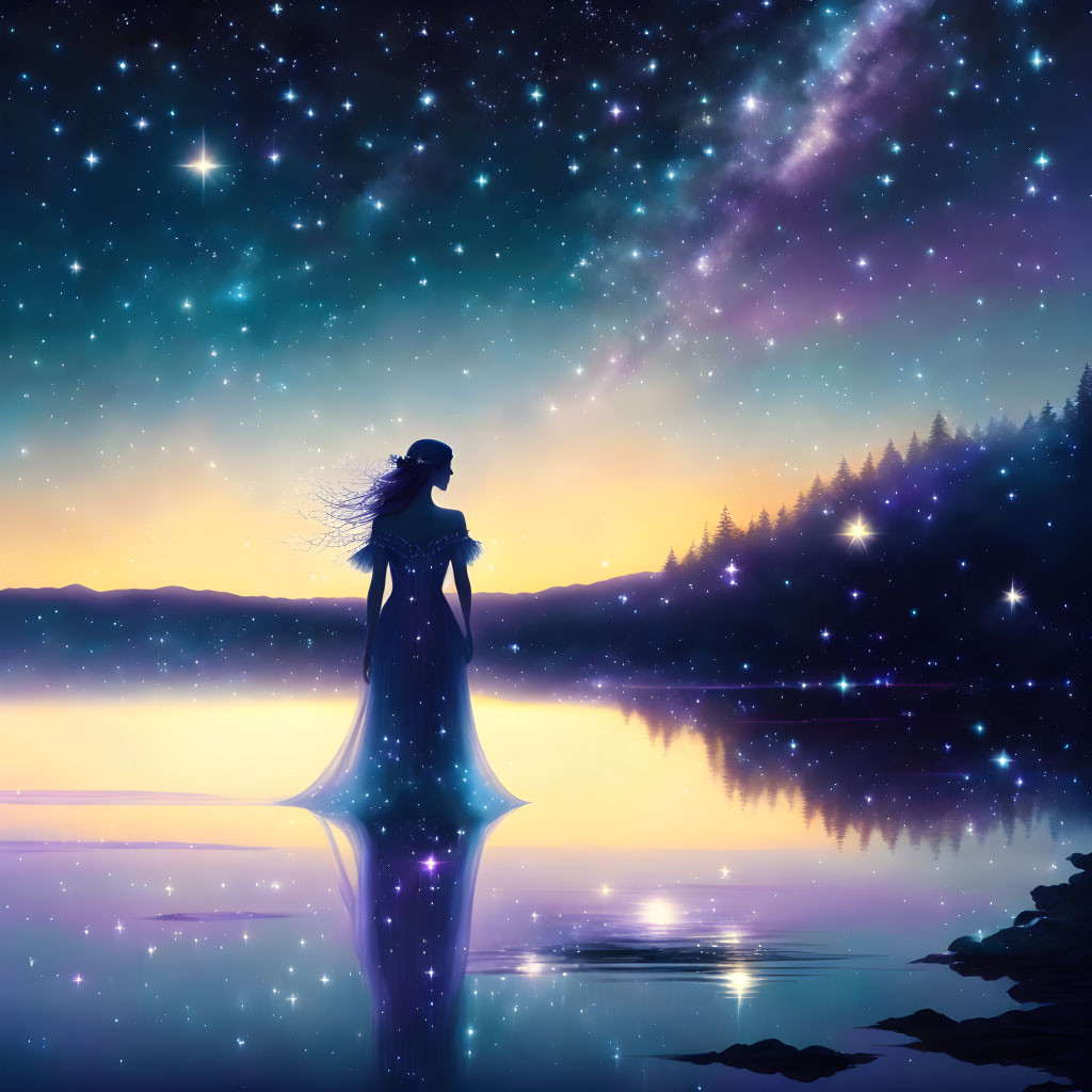 Silhouette of woman by serene lake under starry sky with visible galaxy.