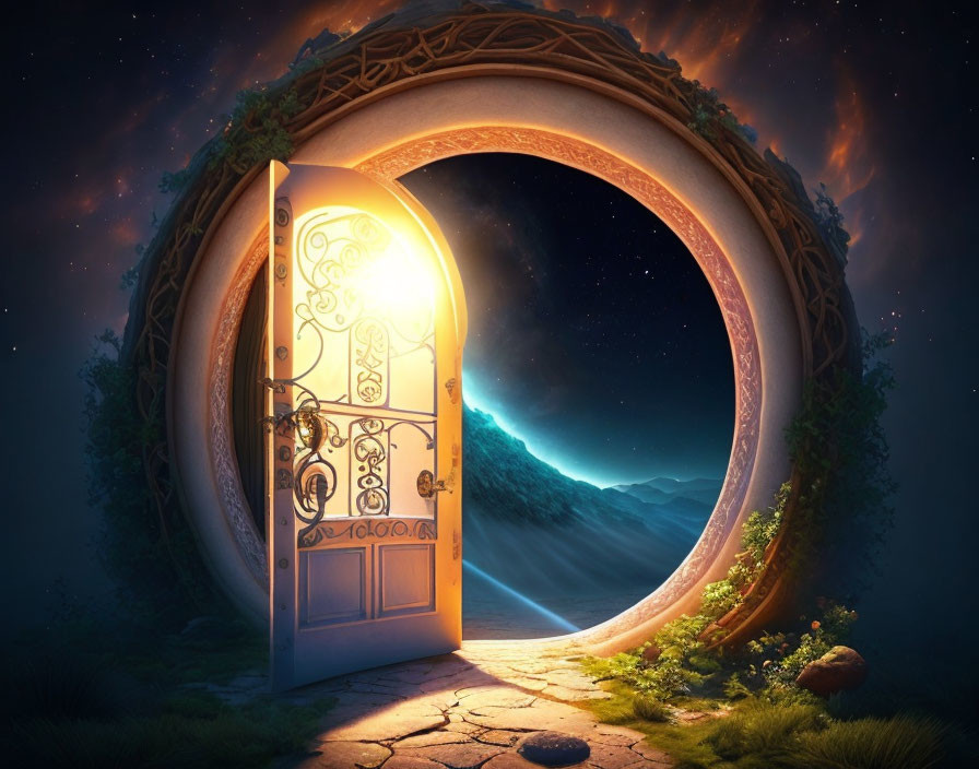 Ornate open door reveals mystical nighttime landscape