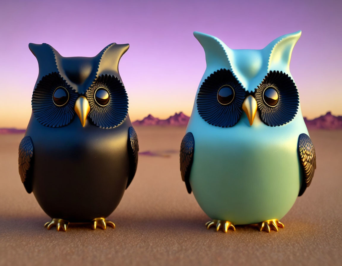 Stylized black and blue owl figurines on sandy surface at dusk