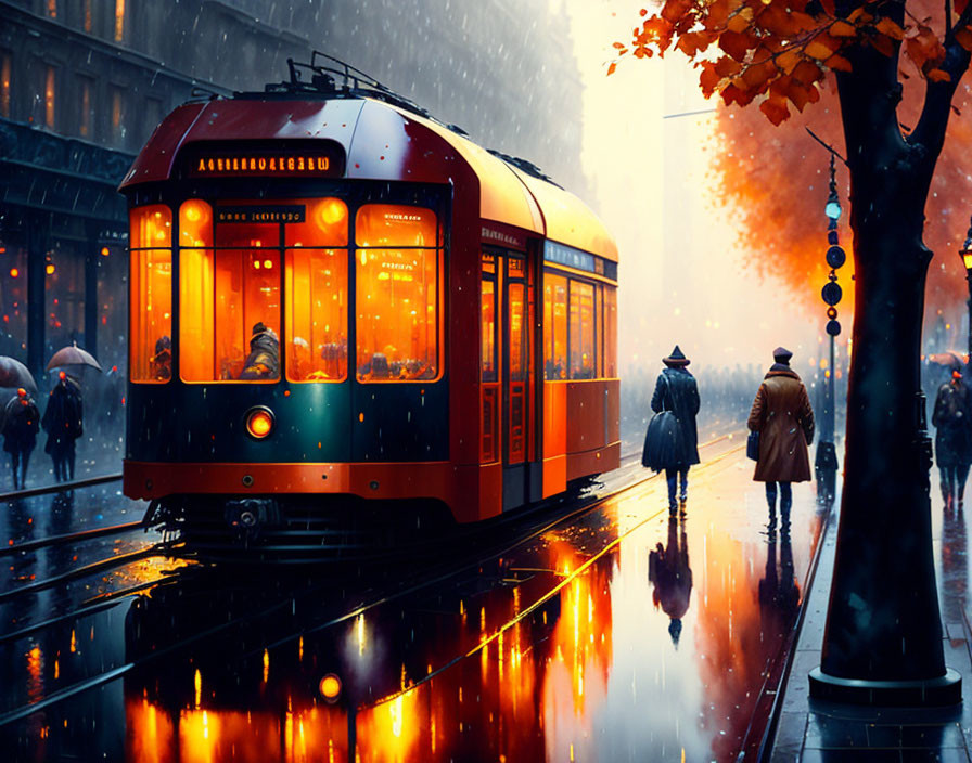 Rainy Street Scene: Illuminated Tram, Pedestrians, Wet Surfaces, Autumn Leaves