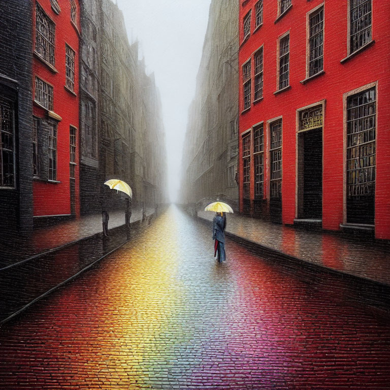 Rainy City Street with Red Buildings, Glistening Cobblestones, and People Holding Yellow Umbrellas