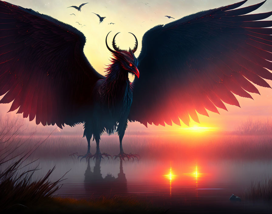 Majestic mythical bird with dark wings at sunrise over tranquil lake