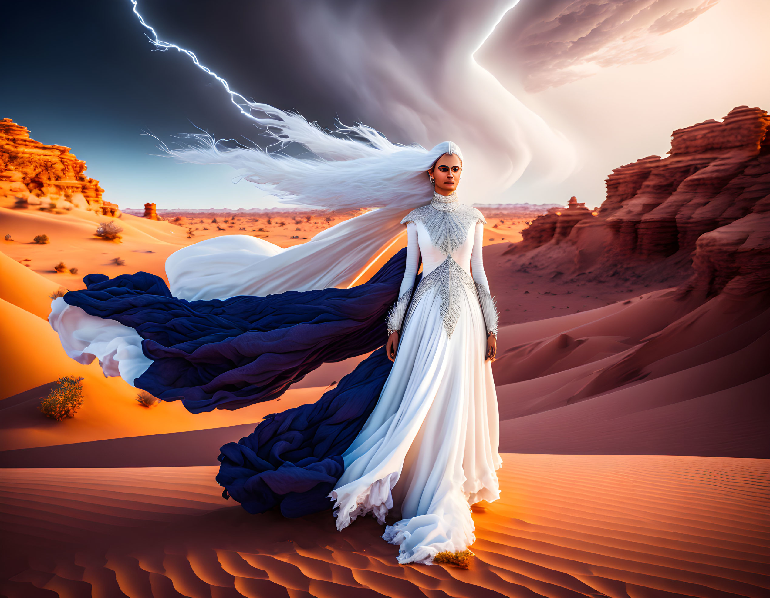 Woman in White and Blue Gown on Desert Dunes with Dramatic Sky