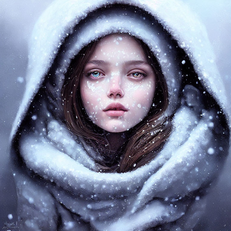 Girl in Blue Eyes in Snowy White Cloak with Falling Snowflakes