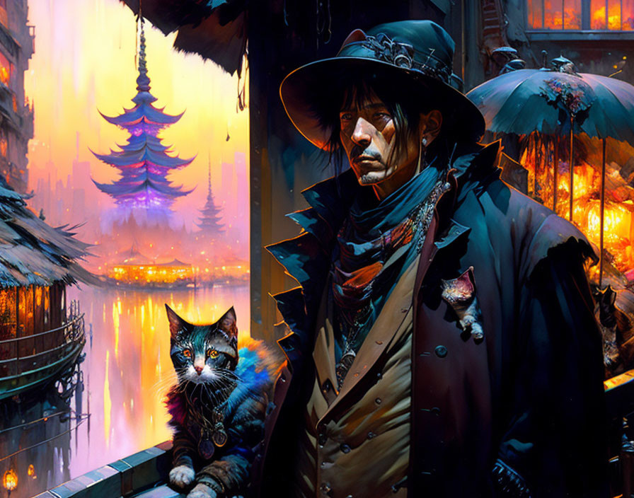 Man with hat and cat with medallion by balcony in futuristic cityscape