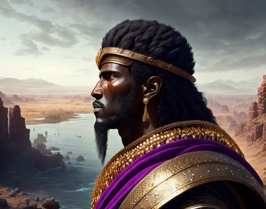 Regal man in gold jewelry and purple cloak against serene landscape