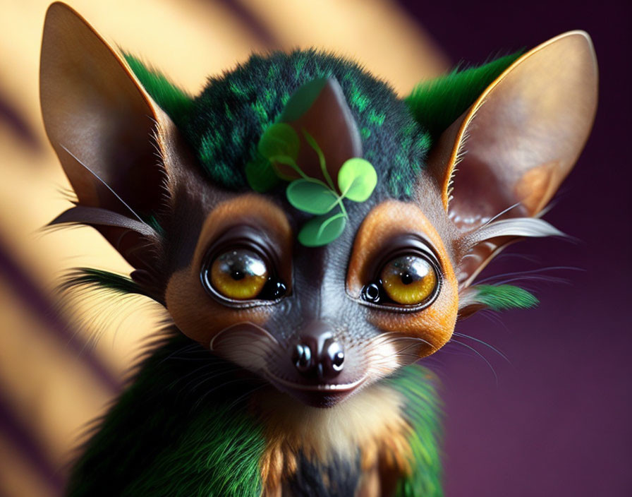 Digital creature with large glossy eyes and green fur with leaf-like textures