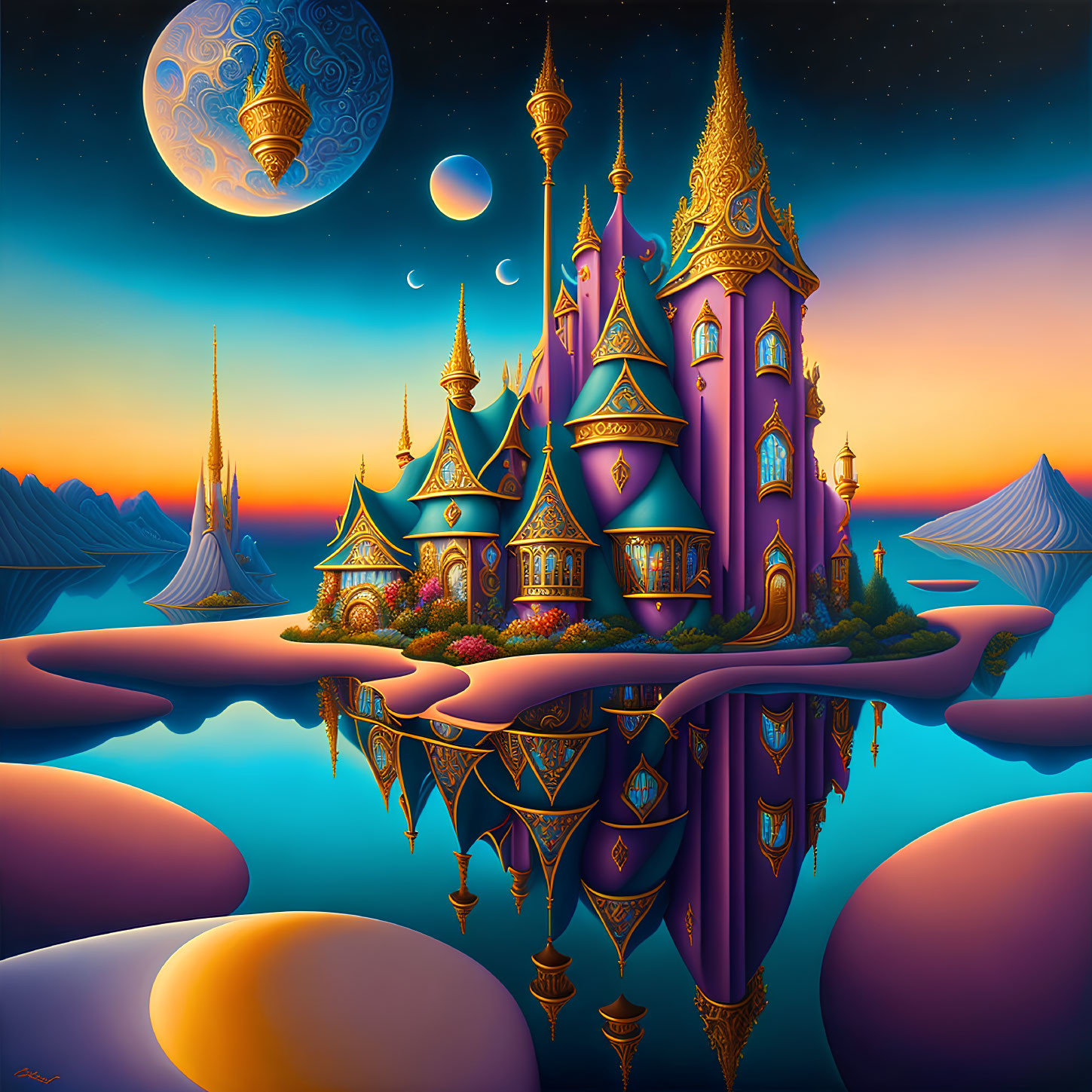 Purple Castle with Golden Accents Reflecting in Twilight Sky