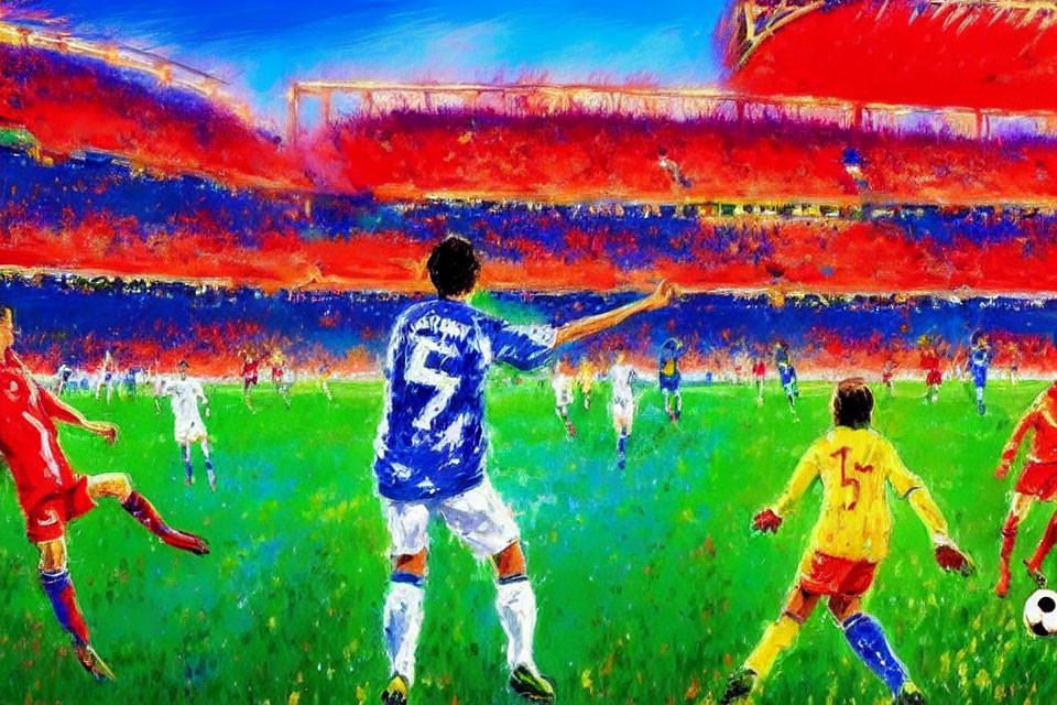 Soccer match painting with players in red, blue, and yellow jerseys on field