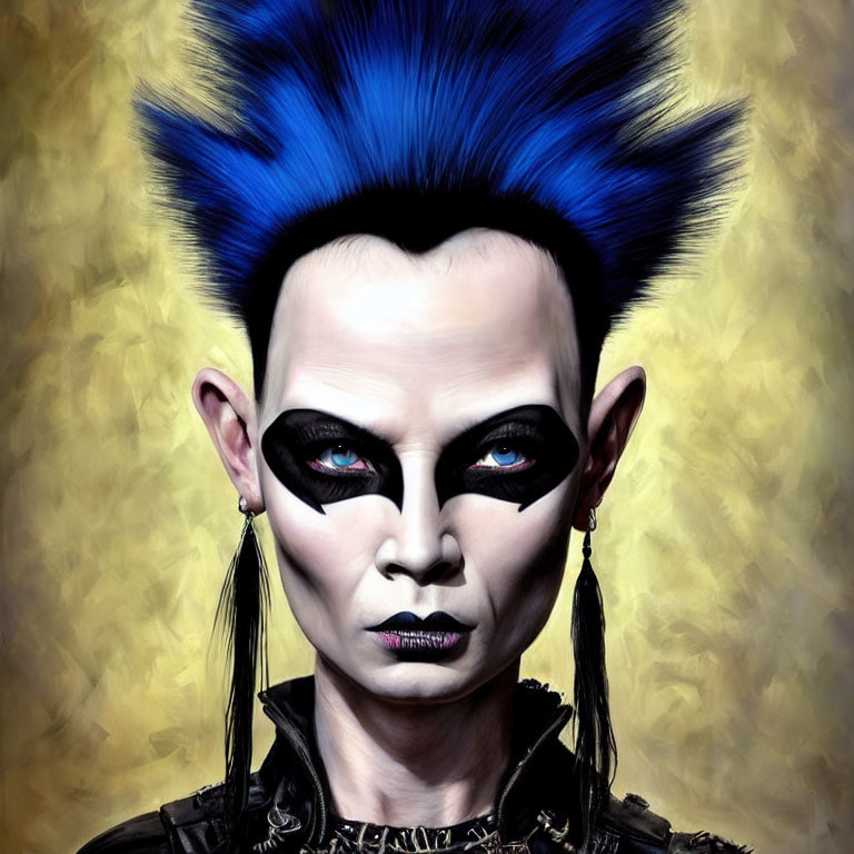 Striking Blue Mohawk and Bold Black Eye Makeup on Yellow Background