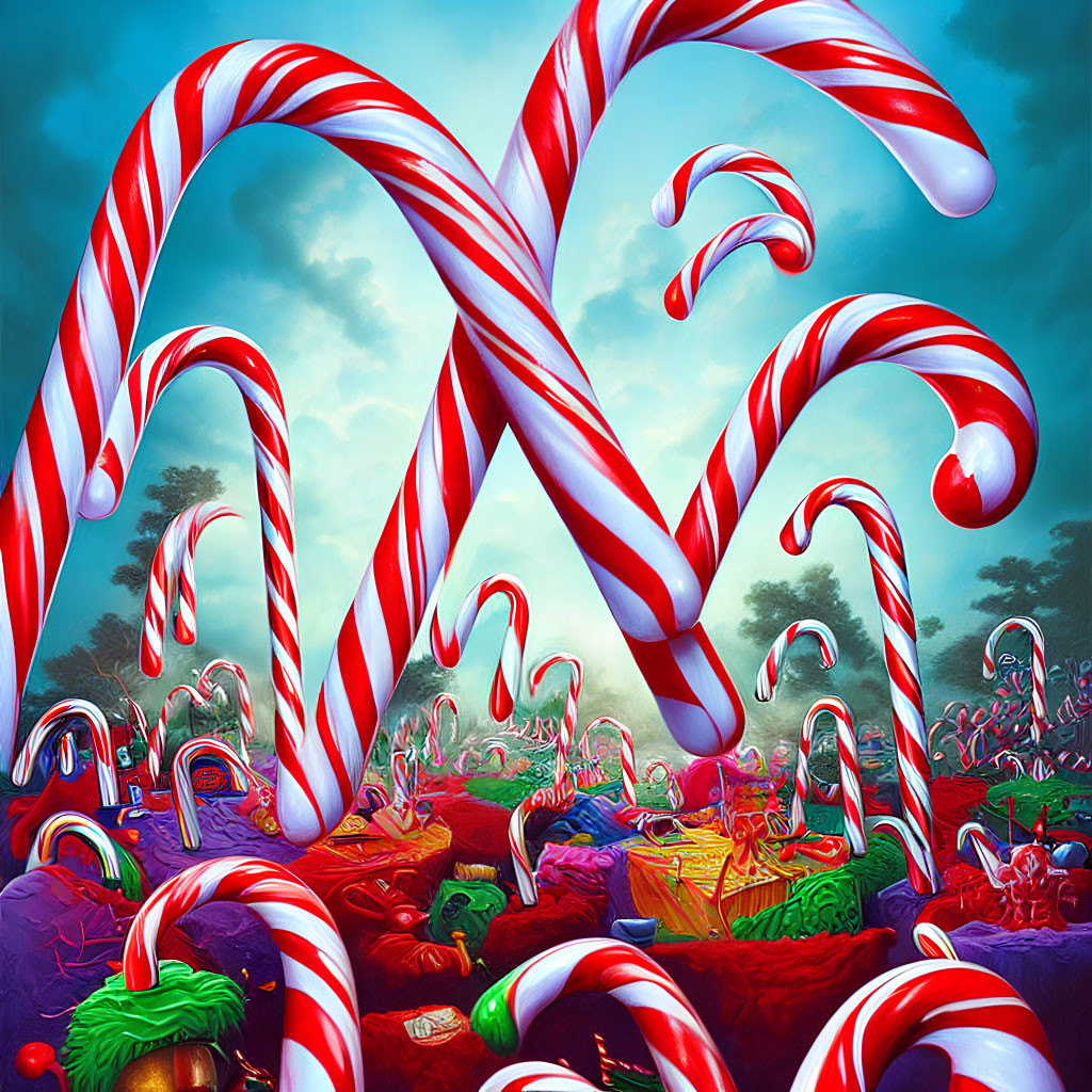 Colorful Candy Cane Landscape with Fantastical Vegetation