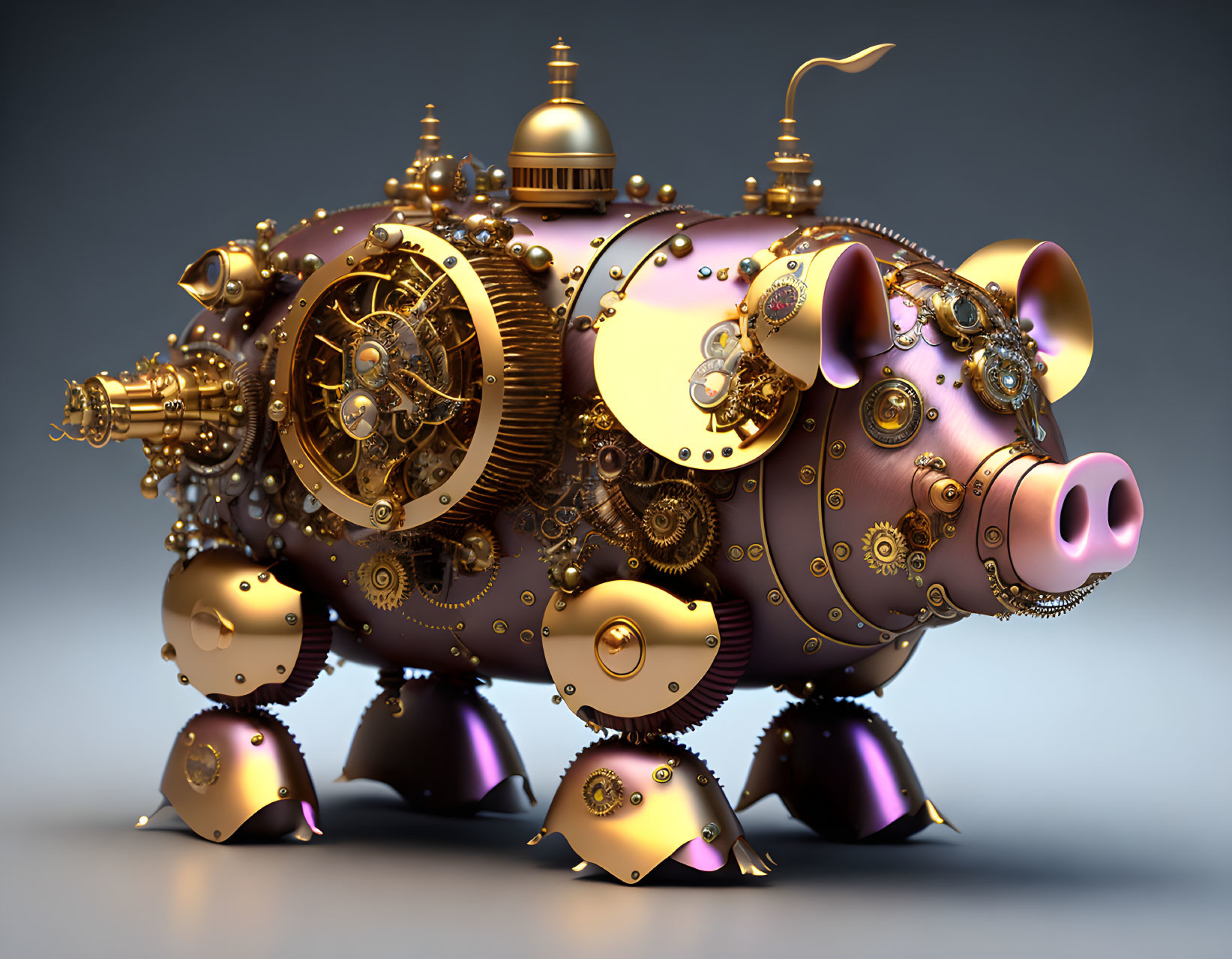 Detailed Steampunk-Style Mechanical Pig Illustration in 3D