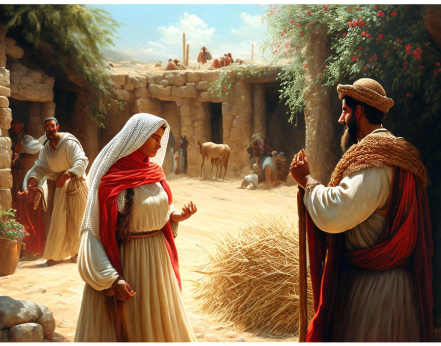 Historic Middle Eastern attire: Man and woman converse near stone entrance