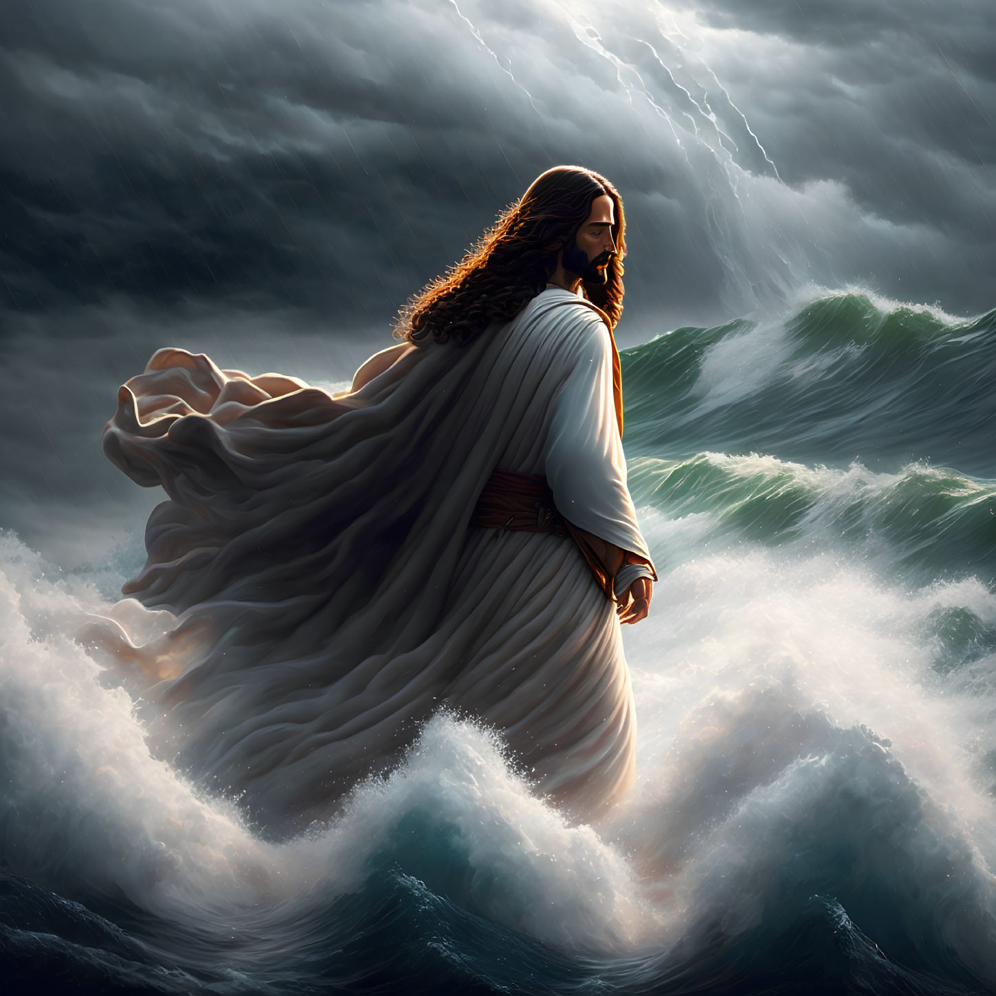 Figure in flowing robes walks on water in stormy seas with lightning.