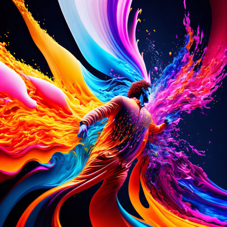 Colorful digital artwork: Figure with flowing hair in dynamic liquid splash