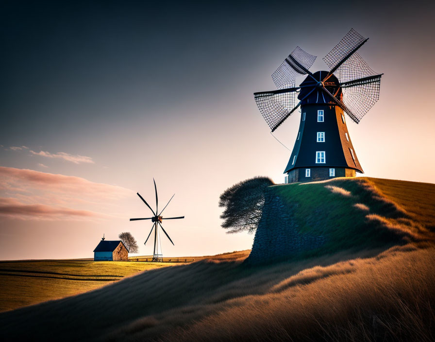 Windmills on grassy hill at sunset with long shadows & warm light