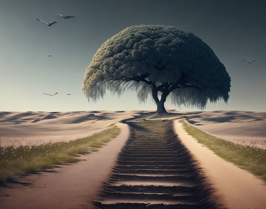 Surreal desert landscape with broccoli-like tree and birds