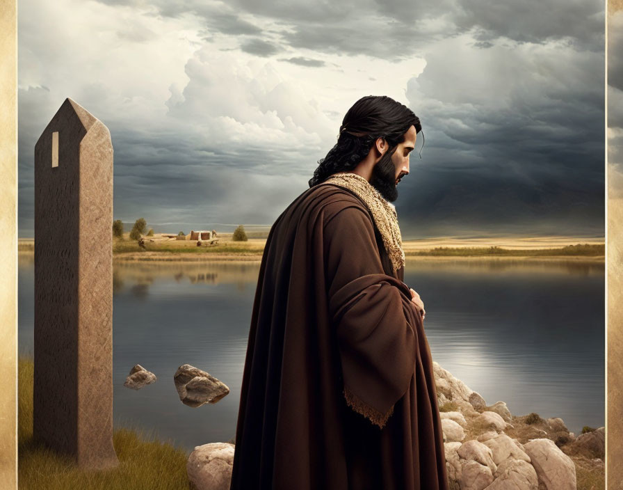 Anciently dressed man by still lake under stormy sky near stone monolith