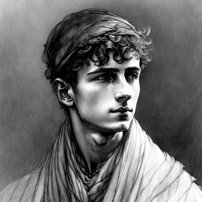 Detailed black and white drawing of young man with curly hair, headband, draped classical clothing, g