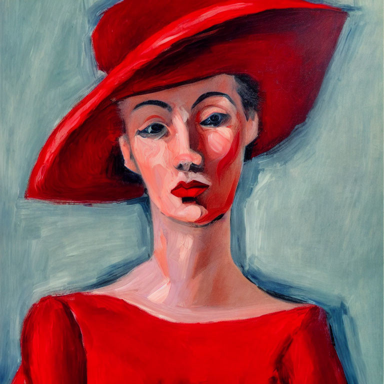 Expressive painting of woman in red hat and dress with bold colors