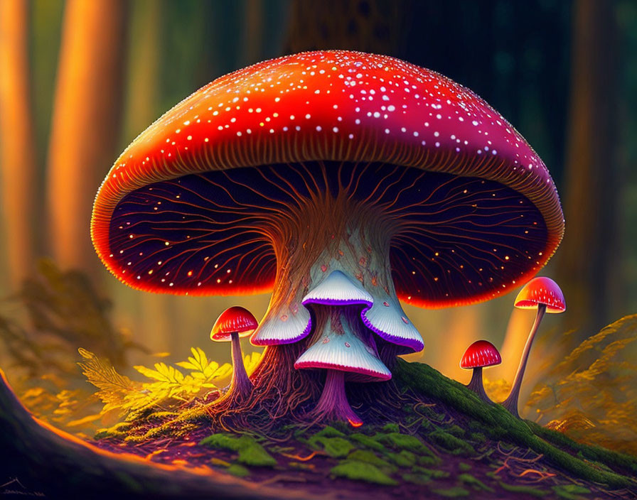 Colorful Digital Illustration of Large Red Mushroom in Forest