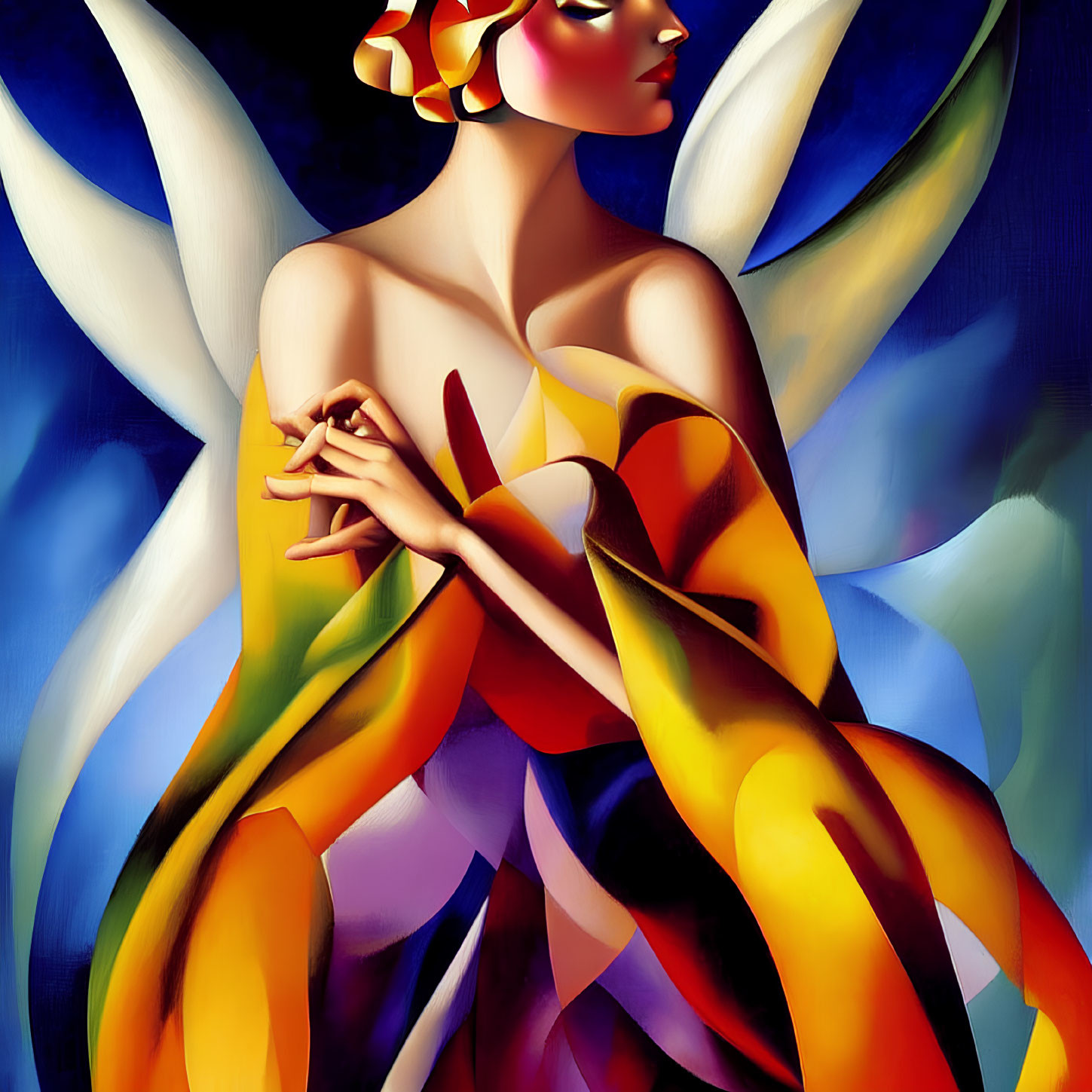 Colorful stylized painting of figure with flower-like forms and tranquil expression