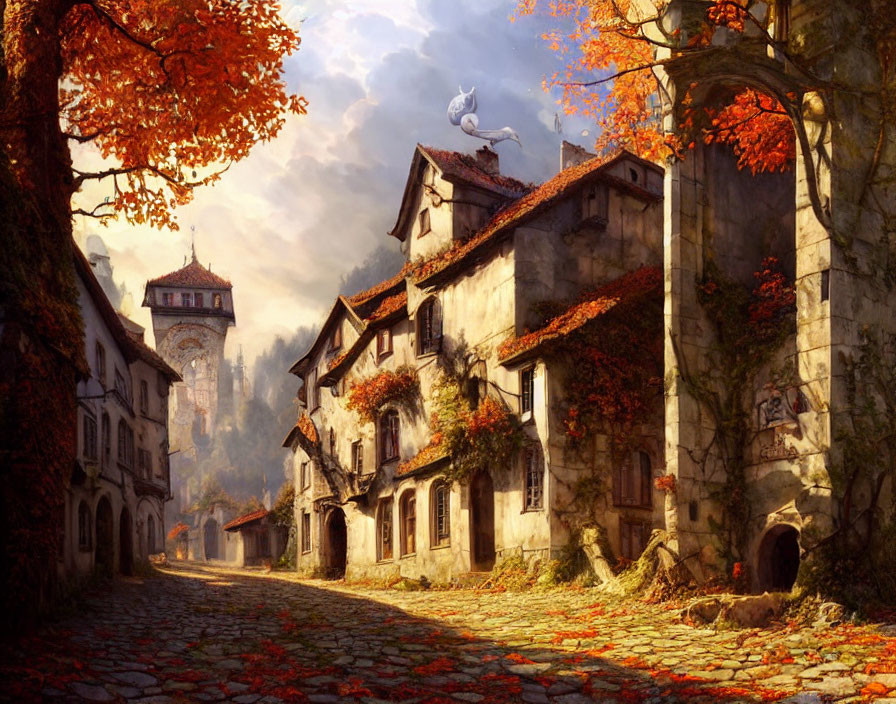 Medieval village street with stone houses, autumn leaves, and towering castle in warm light