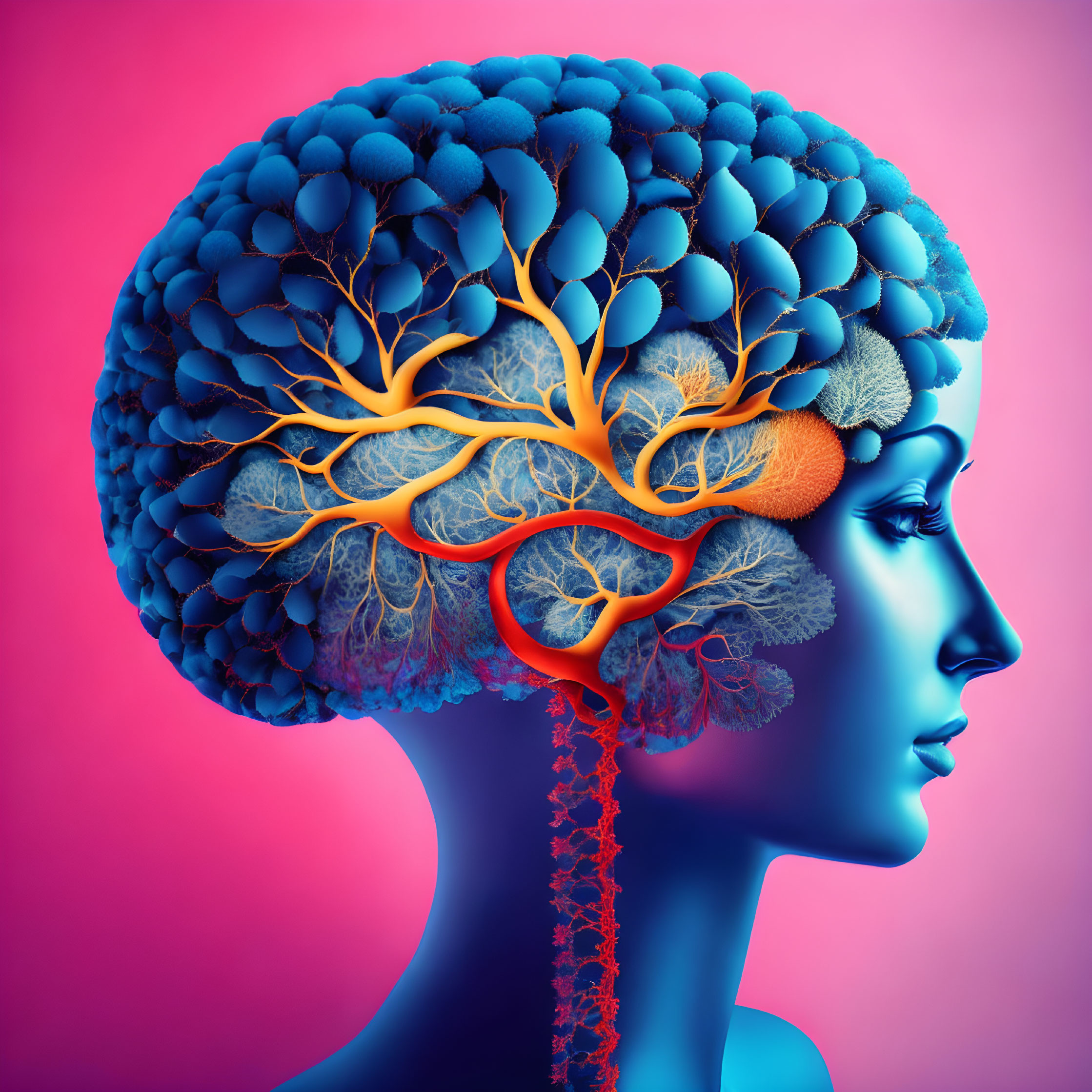 Human profile with tree-like brain structure on pink and blue background