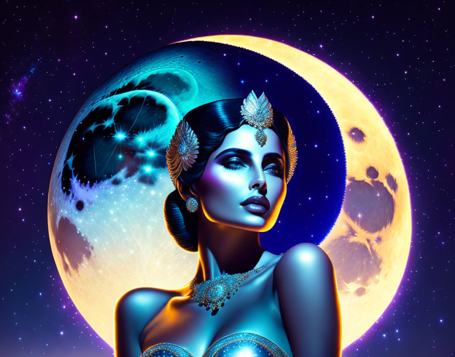 Colorful digital artwork of a woman with golden accessories in cosmic setting