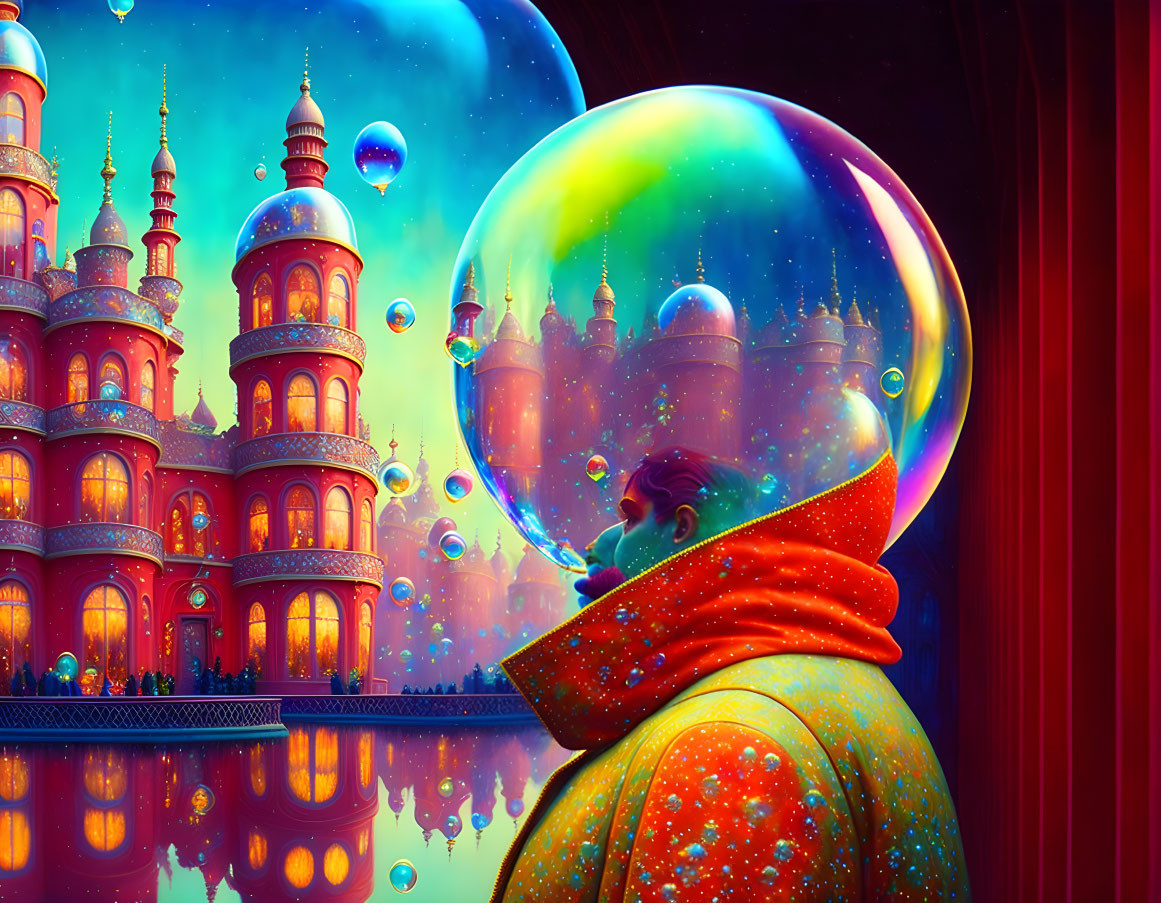 Cloaked person blowing colorful bubble in whimsical setting