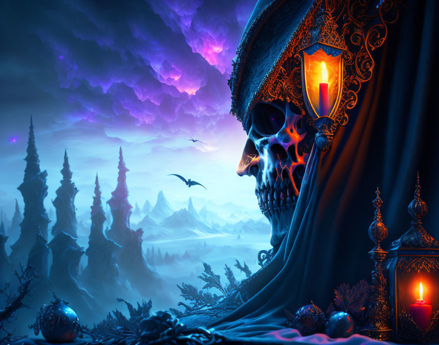 Glowing skull with regal headdress in surreal landscape.