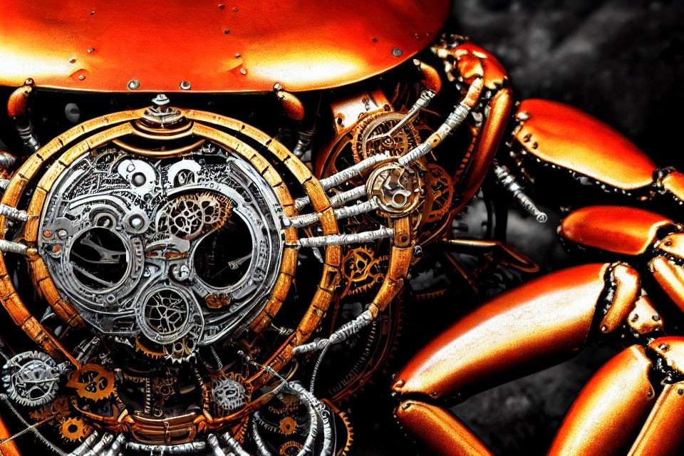 Steampunk mechanical crab with orange shell on dark background